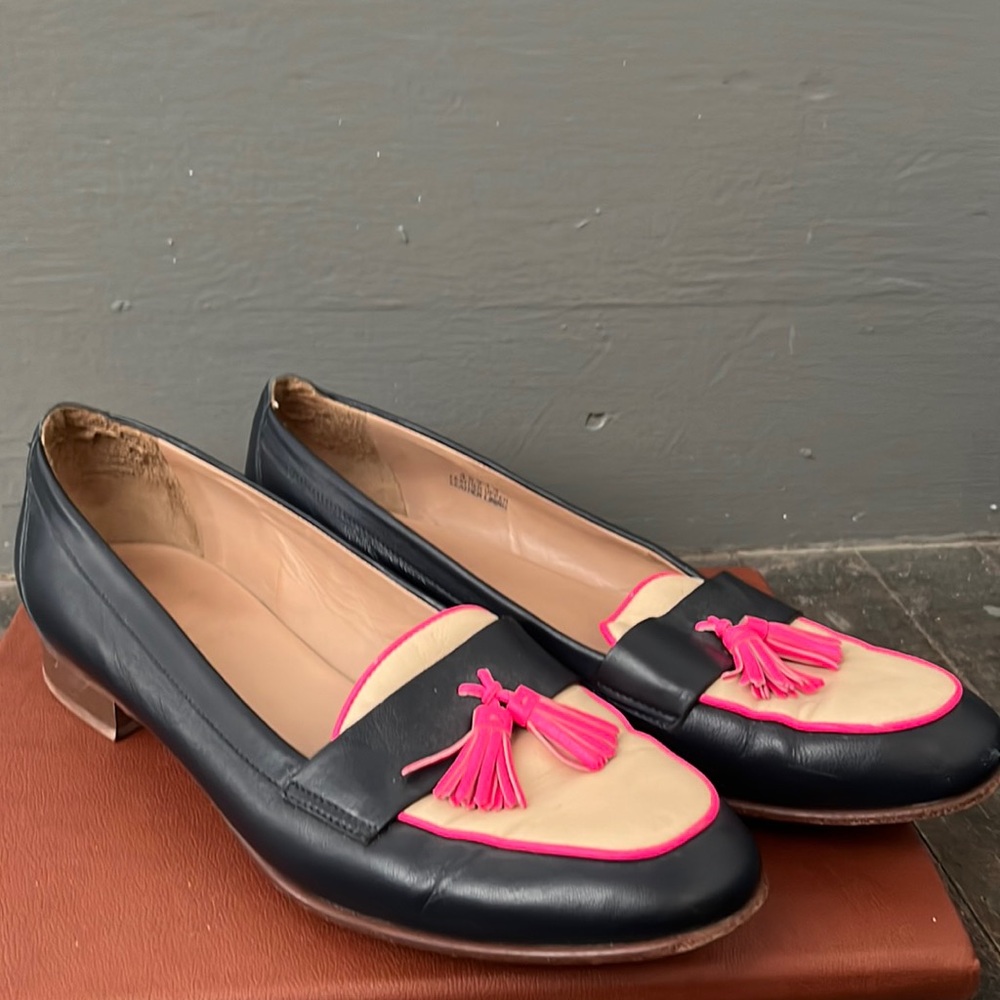 J. Crew Navy Loafers with Neon Pink Tassels Size 9